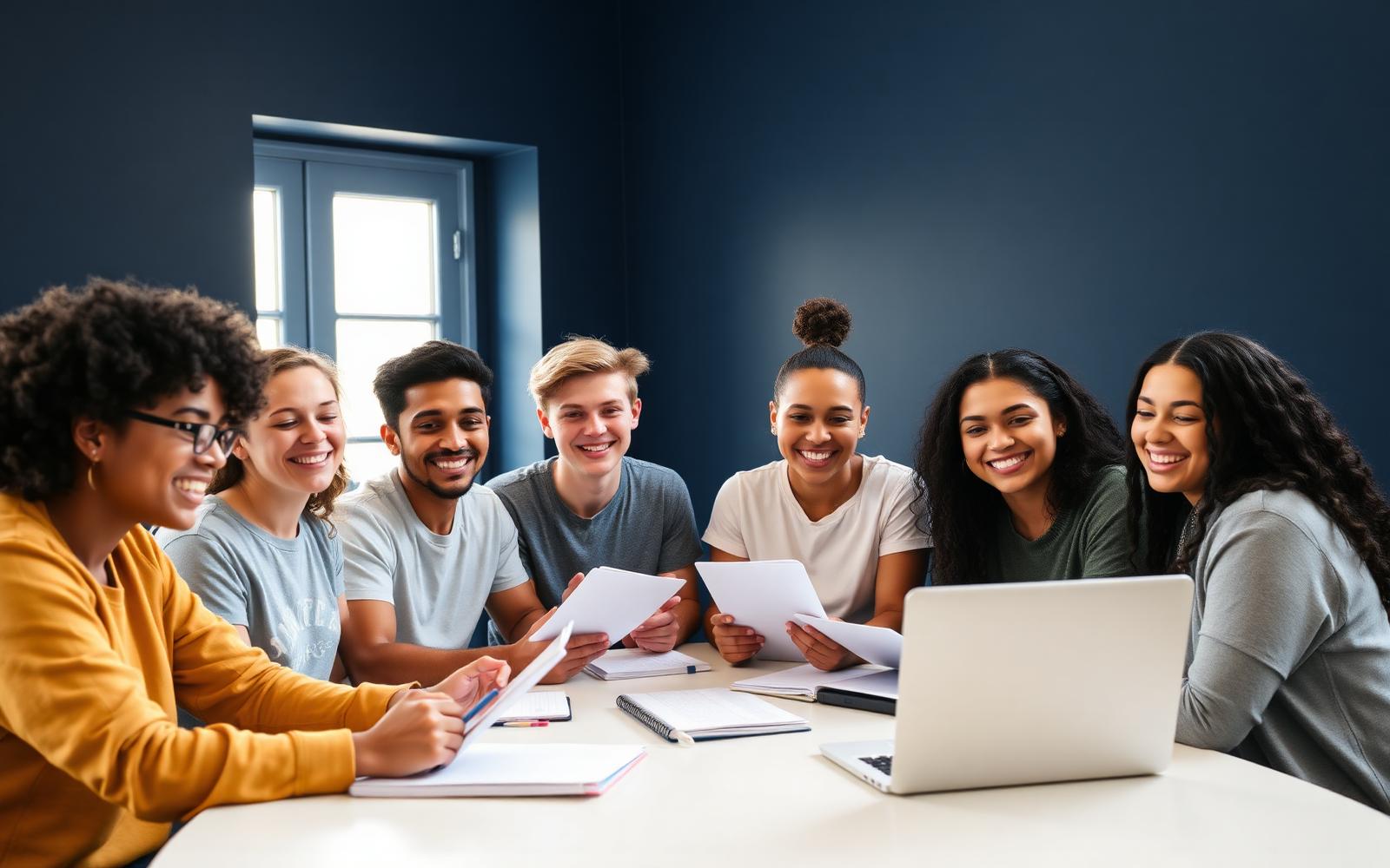 A diverse group of young adults working together around a table with notebooks and a laptop